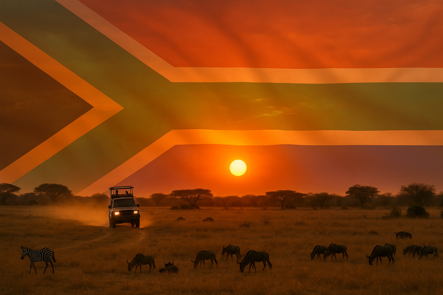Safari vehicle driving through golden South African grasslands at sunset with zebras and wildebeest in the foreground and the South African flag blended into the glowing horizon — BST Tours